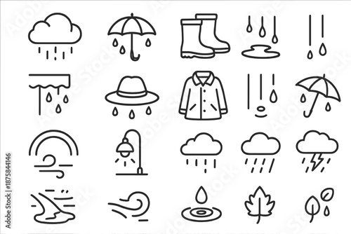 Seasonal Rain Icons. Line style icons of seasonal rain: monsoon cloud, umbrella cover, boots, puddle jump, dripping edge, wet hat,