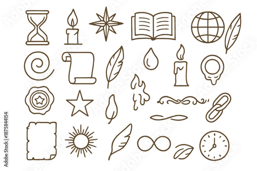 Antique Symbolism Icons. Line style icons of antique symbolism: hourglass, candle flame, compass rose, open book, ink swirl,
