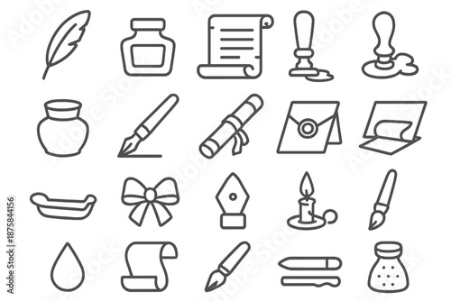 Writing Instruments Icons. Line style icons of writing instruments: feather quill, ink bottle, parchment scroll, wax seal, inkwell
