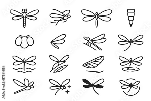 Dragonfly Line Icons. Line style icons of dragonflies: dragonfly, hovering insect, spread wings, body segment, compound eyes, tail
