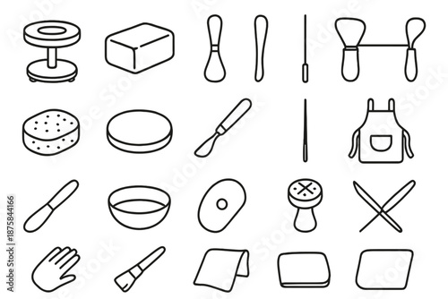 Pottery Tools Icons. Line style icons of pottery tools: potter’s wheel, clay block, carving loop, rib tool, wire cutter, sponge,