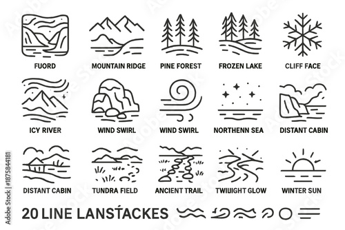 Nordic Landscape Icons. Line style icons of nordic landscapes: fjord, mountain ridge, pine forest, frozen lake, aurora sky, rocky