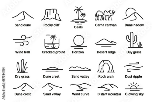 Desert Landscape Icons. Line style icons of desert landscapes: sand dune, rocky cliff, oasis palm, camel caravan, wind trail,