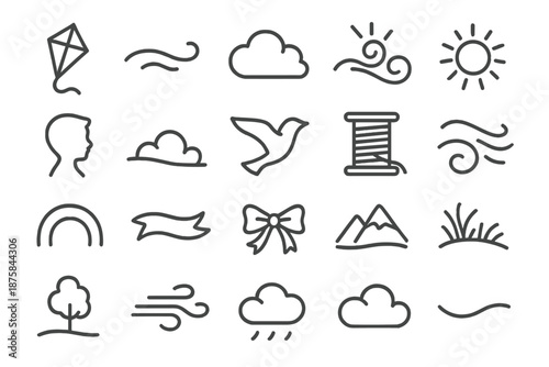 Sky Play Icons. Line style icons of Sky Play: kite, string, cloud, breeze swirl, sunbeam, child silhouette, open field, flying