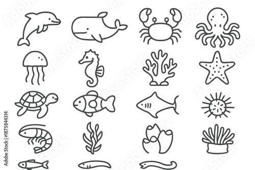 Sea Life Icons. Line style icons of Sea Life: dolphin, whale, octopus, crab, jellyfish, seahorse, starfish, coral, sea turtle,