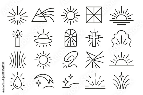 Divine Light Icons. Line style icons of Divine Light: ray beam, prism arc, radiant aura, glass reflection, sunrise glow, candle