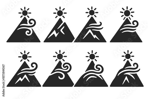 Summit Zephyr Icons. Solid style icons of a zephyr reaching the highest point: radiant summit wind, gentle airflow tip, mountain