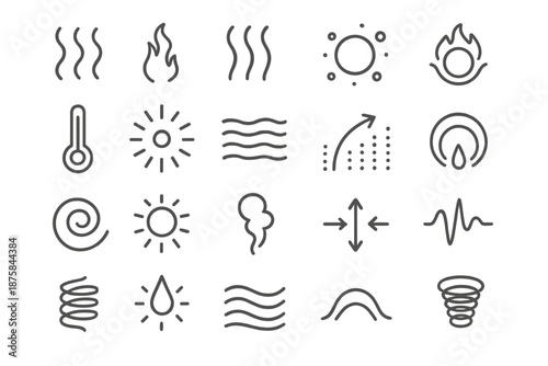 Thermal Energy Icons. Line style icons of Thermal Energy: heat wave, rising plume, vapor line, gas bubble, energy ring,