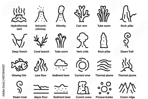Oceanic Depths Icons. Line style icons of Oceanic Depths: hydrothermal vent, volcanic chimney, black smoker, seafloor ridge, deep