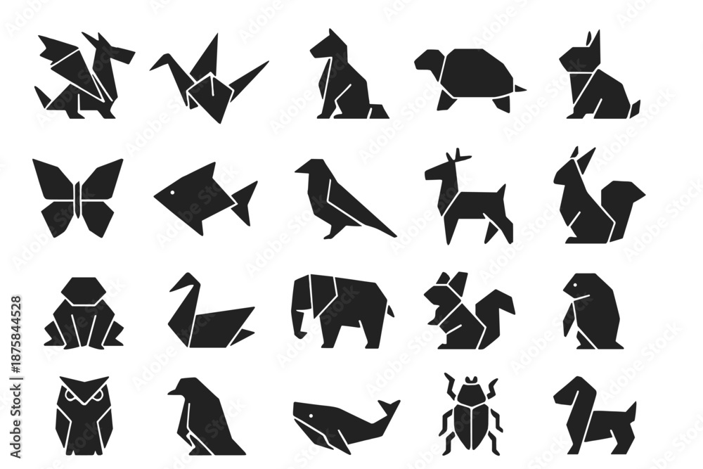 Naklejka premium Origami Animal Icons. Solid style icons of Origami Creatures: folded dragon, paper crane, fox, turtle, rabbit, butterfly, fish,