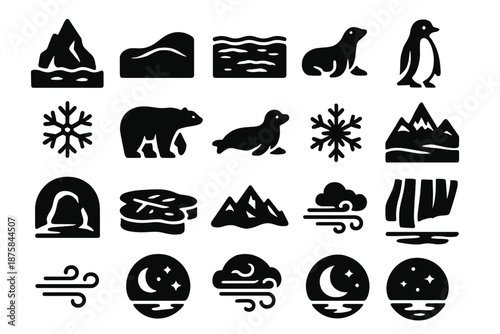Arctic Icons Collection. Solid style icons of Arctic Environment: iceberg, snow drift, frozen sea, ice floe, glacier wall, polar