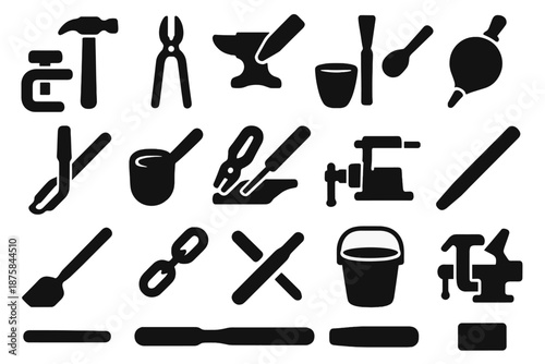 Metal Forging Tools Icons. Solid style icons of Metal Forging Tools: hammer, tongs, anvil, chisel, bellows, clamp, crucible, ladle