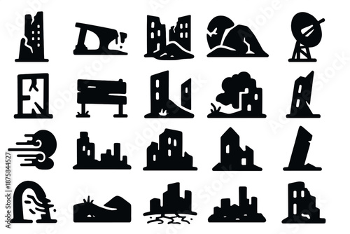 Abandoned City Icons. Solid style icons of Abandoned Cityscape: cracked tower, fallen bridge, sand-filled street, shattered dome,
