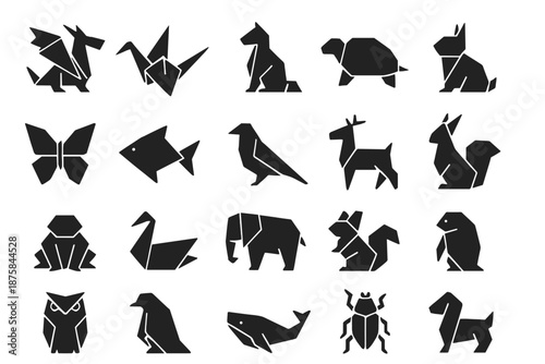 Origami Animal Icons. Solid style icons of Origami Creatures: folded dragon, paper crane, fox, turtle, rabbit, butterfly, fish,