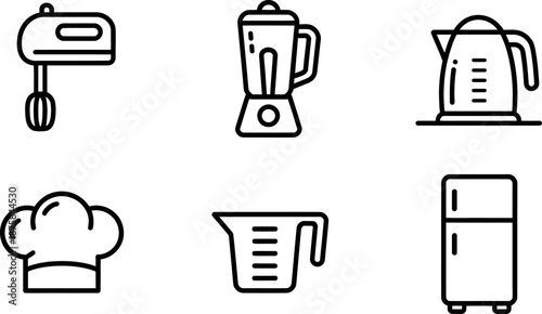 Collection of six simple line art icons representing essential kitchen appliances and accessories for cooking and food preparation