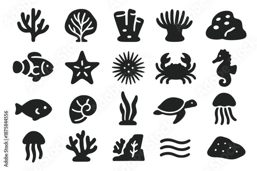 Coral Reef Icons. Solid style icons of Coral Reef Ecosystem: coral branch, sea fan, sponge, anemone, reef rock, clownfish, sea