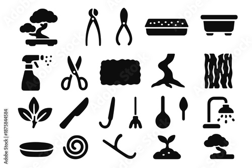 Bonsai Cultivation Icons. Solid style icons of Bonsai Cultivation: miniature tree, wire frame, root shears, soil tray, bonsai pot,
