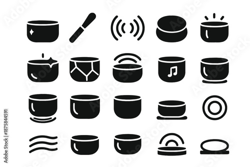 Crystal Singing Bowl Icons. Solid style icons of Crystal Singing Bowl: crystal bowl, wooden mallet, sound wave, meditation cushion
