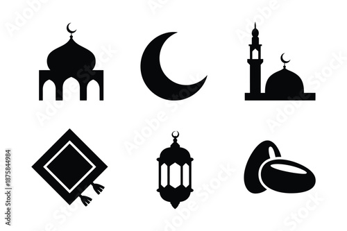 Ramadan Kareem Islamic Religion Mosque and Date Fruit Icons