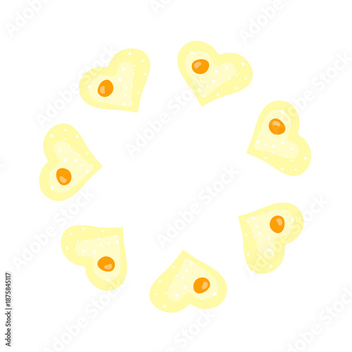 Cute round frame with heart shaped fried eggs isolated on white background. Valentines day celebration.