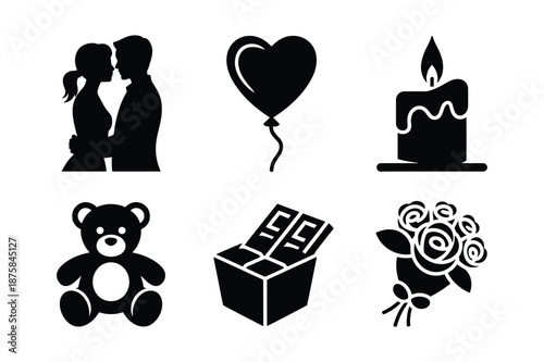 Romantic Gift Set with Teddy Bear and Flowers Silhouette Icons