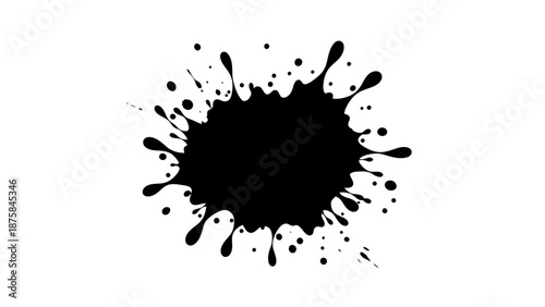 Irregular black ink blot with surrounding drips and splatters, messy abstract grunge element, isolated white background.