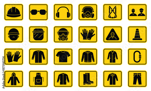Safety Symbols and Gear Icons for Workplace Hazard Awareness