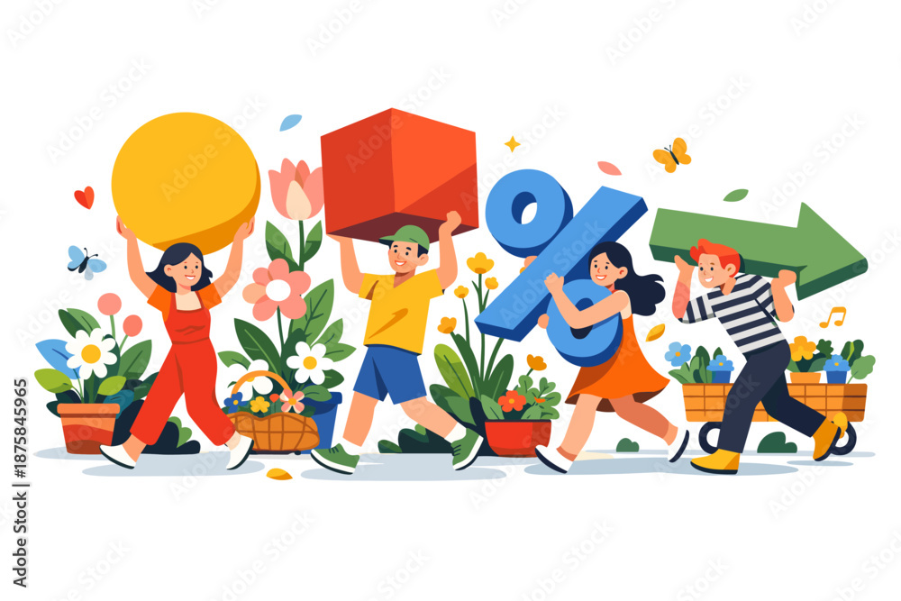 Fototapeta premium Image Generation. Sunny March street market scene filled with flowering plants growing around abstract sale shapes carried by
