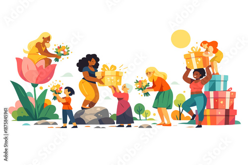 Image Generation. Sunlit park landscape filled with diverse women exchanging flower bouquets and gift boxes that glow with