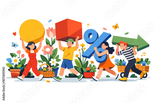 Image Generation. Sunny March street market scene filled with flowering plants growing around abstract sale shapes carried by