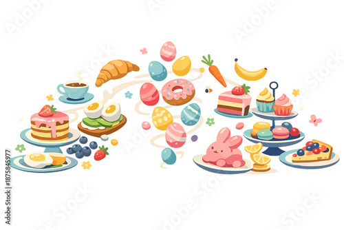 Image Generation. Fresh spring brunch table scene showing pastel pastries, eggs, and fruits arranged in flowing patterns that defy