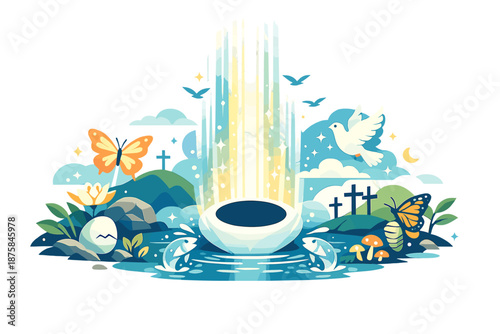 Image Generation. Sacred spring setting where light streams upward from an abstract empty form surrounded by soft natural symbols,