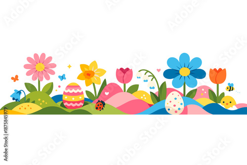 Image Generation. Early spring garden filled with new life as flowers and leaves emerge from abstract shapes in rhythmic waves,