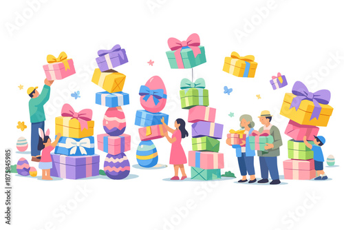 Image Generation. Open spring plaza scene filled with people selecting pastel-wrapped Easter presents stacked in playful