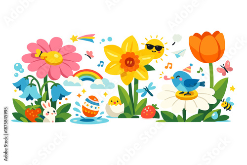 Image Generation. Fresh April garden scene where flowers burst into bloom alongside abstract seasonal promotion symbols, surreal