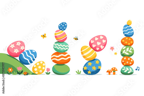 Whimsical Easter Eggs. Playful spring scene showing patterned Easter eggs rolling and stacking in impossible ways, surreal