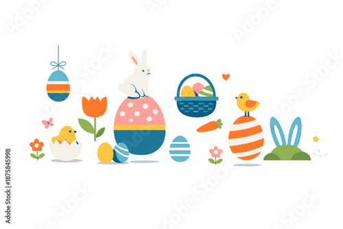 Image Generation. Clean spring setting showing Easter customs reduced to essential shapes arranged rhythmically across space,