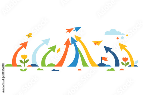 Image Generation. Spring horizon scene filled with quiet momentum as abstract arrows grow from the ground like plants and curve