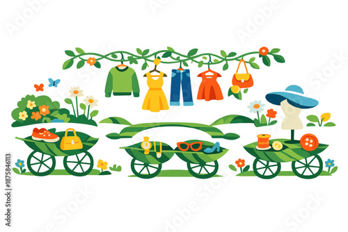 Image Generation. Spring meadow styled as a sustainable runway where garments hang from vines and accessories balance on leaves