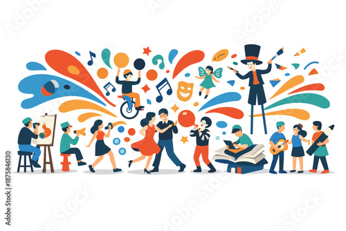 Image Generation. Spring street scene filled with creative motion where performance-inspired shapes ripple outward like ideas