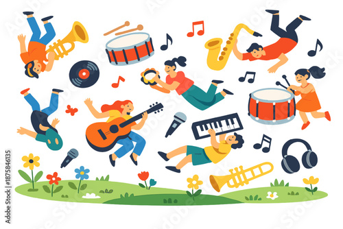 Whimsical Musical Meadow. Spring meadow transformed into a musical playground where instruments float weightlessly and people move