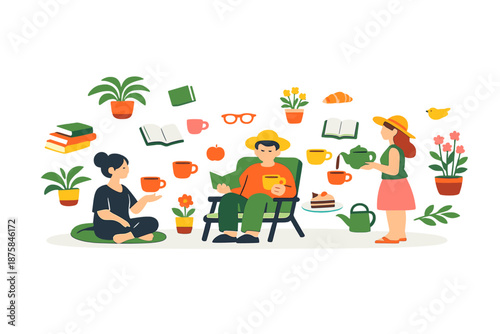 Image Generation. Spring terrace scene designed for stillness where figures pause among hovering plants, books, and cups frozen