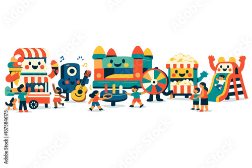 Image Generation. Spring neighborhood street transformed into a social playground where stalls, music, and games appear as