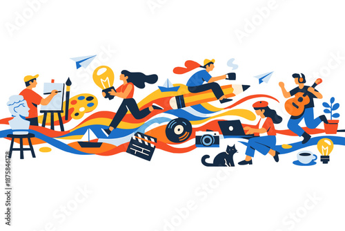 Image Generation. Spring city terrace transformed into a creative current where ideas travel as colorful waves connecting objects