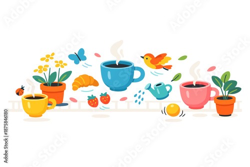 Image Generation. Spring terrace morning moment where coffee cups, plants, and movement cues glow softly and hover in relaxed