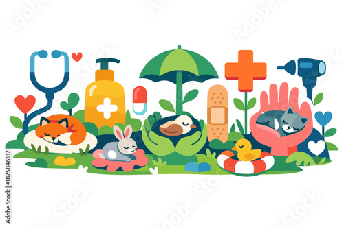 Image Generation. Spring meadow reimagined as a protection landscape where animals rest safely while care-related shapes grow like