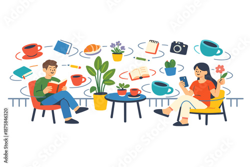 Image Generation. Spring terrace reimagined as a lighthearted everyday scene where floating objects like coffee cups, notebooks,