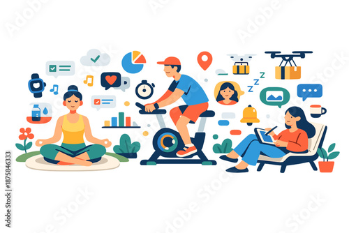 Image Generation. Spring garden reimagined as a balanced tech lifestyle zone where abstract devices, apps, and digital