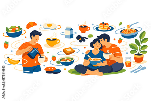 Image Generation. Spring kitchen reimagined as a cozy home scene where abstract elements of meals, cups, and plants float and