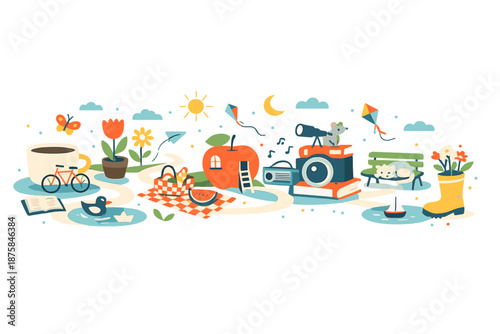 Image Generation. Spring lifestyle panorama where paths, plants, and everyday items gently curve together, nothing dominating the